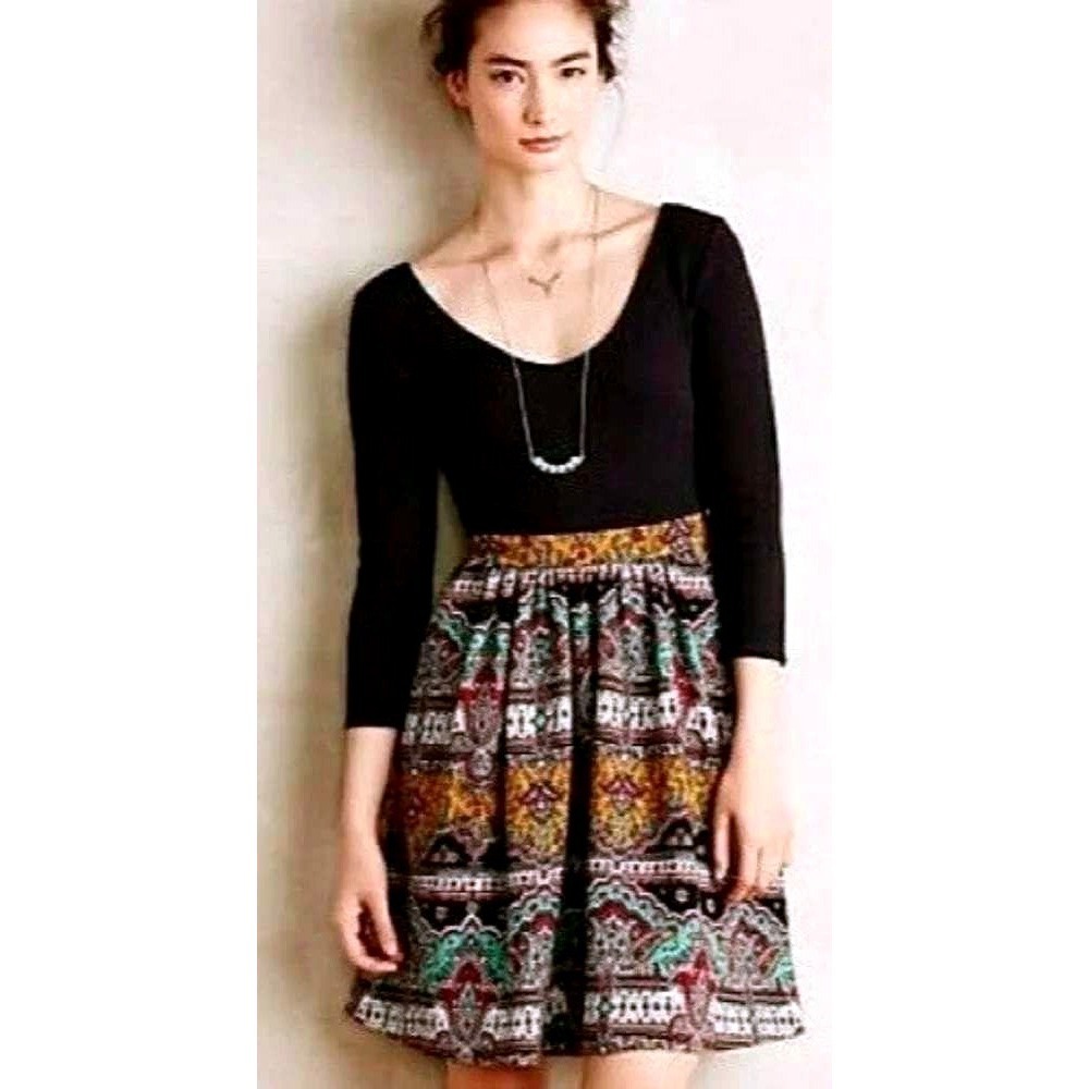 Anthropologie Maeve Skater Dress Womens 2 Black Paisley Boho Fit & Flare Mini